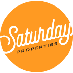 Logo for Saturday Properties, featuring white text on an orange circle.